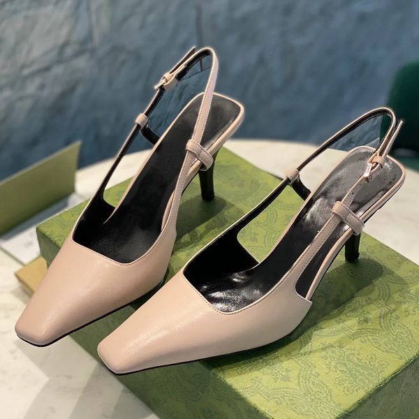 Slingbacks High Heels Designer-Sandalen für Damen, luxuriöse Sandale aus echtem Leder, formelle Schuhe, 7,5 cm, 3,5 cm, hoher Absatz, quadratische Zehenpartie, Knöchelriemen, Party-Schuhe, Pumps für Damen