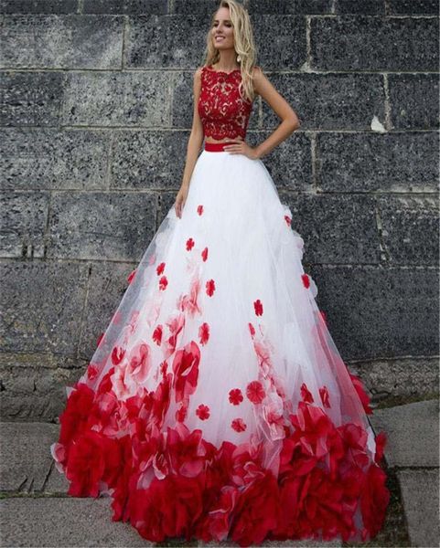Branco e vermelho 2 peças vestidos de casamento rendas topo artesanal pétalas flor romântico 2020 vestidos de noiva modernos personalizar mais size7296167