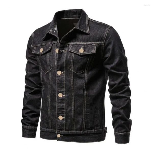 Jaquetas masculinas primavera homens denim jaqueta lapela único breasted moda motocicleta jeans fino ajuste algodão casual preto azul casacos