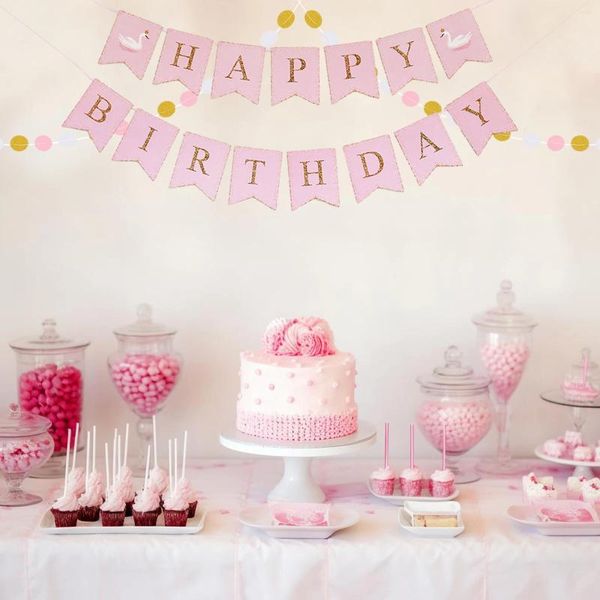 Set di 3 decorazioni per feste, 16 biglietti di carta rosa da 4 piedi, cartello di buon compleanno, banner da appendere bianco oro da 6,5 piedi