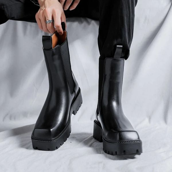 Botlar Mens Moda Yüksek Şövalye Botlar Siyah Doğal Deri Ayakkabı Marka Tasarımcısı Kare Toe Chelsea Boot Uzun baca Botas Maskulinas