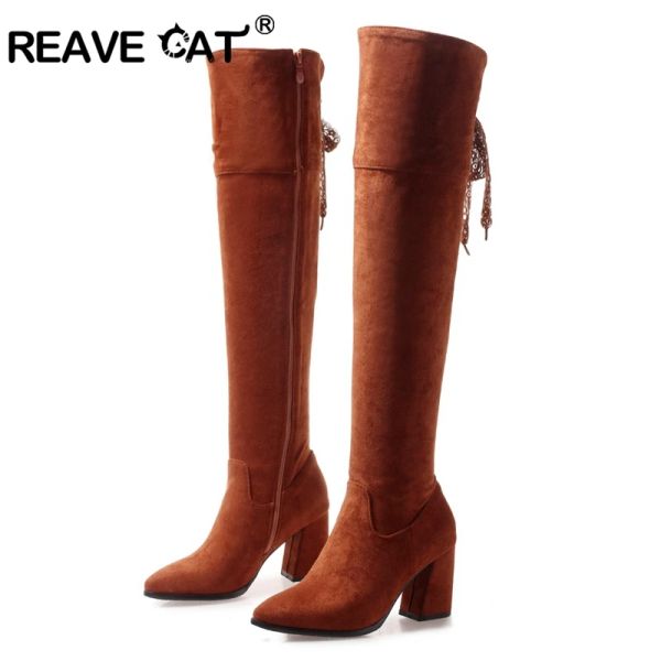 Stiefel Reave Cat Shoes Frau High Heels Stiefel Damen über den Kniestiefeln Zapatos de Mujer Reißverschluss gekreuztherzgekreuzen Herde Spitze TOE HOT A1465