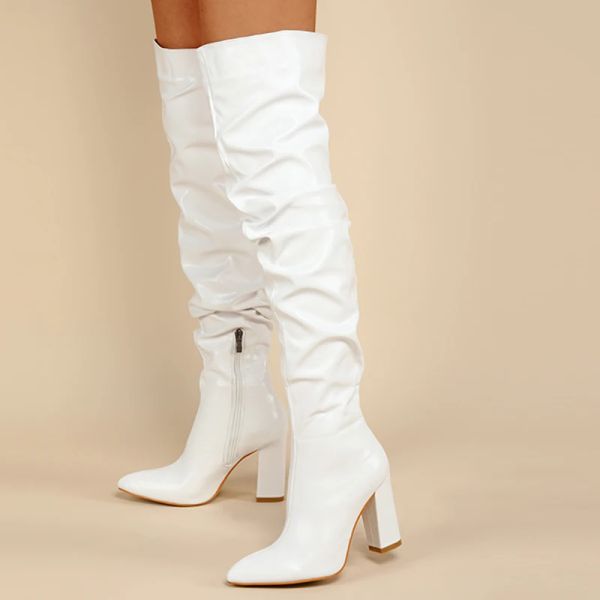 Сапоги 2022 Длинные ботинки Женщины белые каблуки высотой 10 см зимы над коленными сапогами Дизайнерский кожаный бедро высокий ботинок плюс размер обуви
