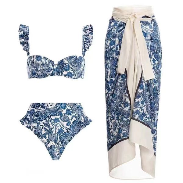 Mulheres Swimwear Designer 2024 Mulheres Sexy Azul-e-Branco Porcelana Imprimir Bikini Set Saia Cover Up Lace Swimsuit Beachwear Biquini Designer Swimwear