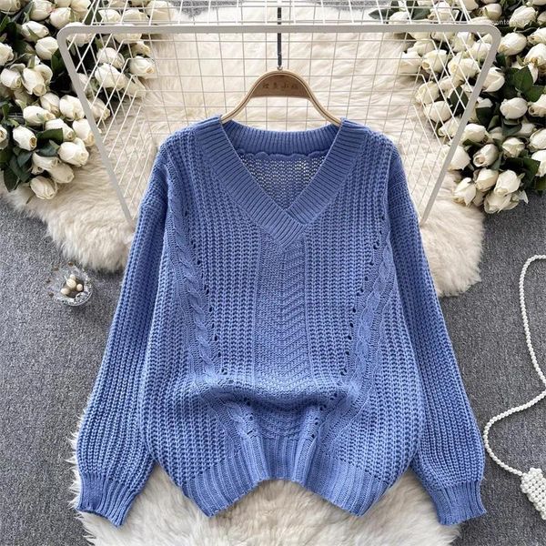 Damenpullover Blau Weiß Khaki Kurzer Strickpullover Pullover Tops Koreanisch V-Ausschnitt Lässig Langarm Damen Strickpullover Frühling Herbst