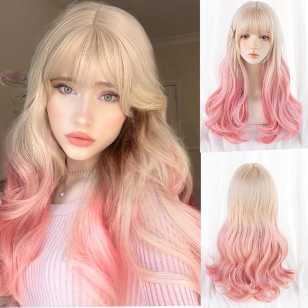 Wigs Houyan Syntesis Long Wavy Curly Girl Blonde Gradient Pink Lolita Cosplay Curly Bangs Wig Bangs Wig Party Park Wig