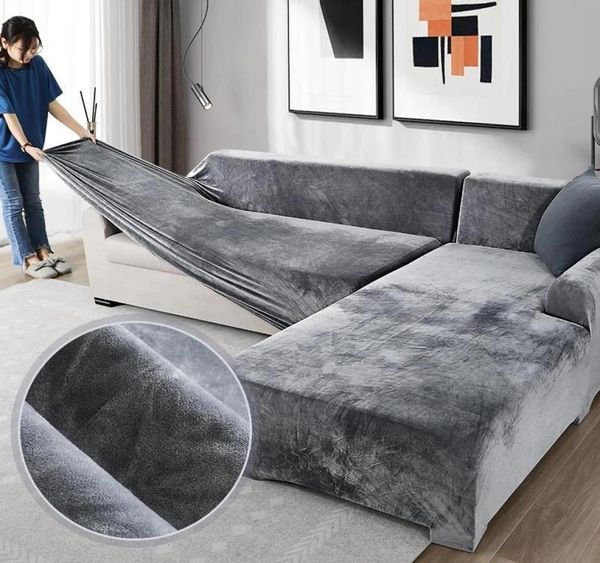 Stuhlhussen Plüsch Sofa für Wohnzimmer Samt elastische Ecke Schnittcouch Liebe Sitzbezug Set Sessel L-Form Möbel Slipc8004833