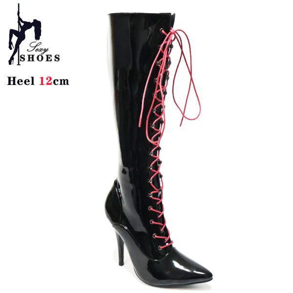 Stiefel 12 cm Midcalf Stiefel sexy Fetisch Stiletto Ferse Vintage Stiefel Knie High Schnürschnitzer Spitzzellen Schuhe Größe 46 auf Lager Schnellversand