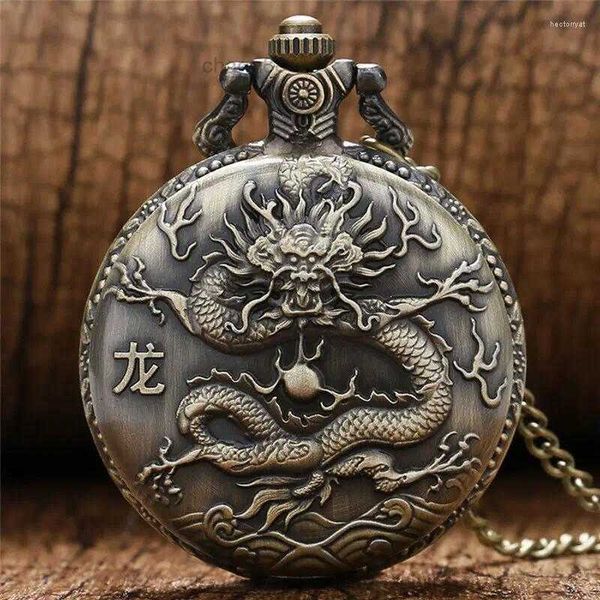 Orologi da tasca Orologio al quarzo con animali incisi retrò dal design cinese dei dodici zodiaci vintage per uomo donna con orologio da regalo a catena con collana