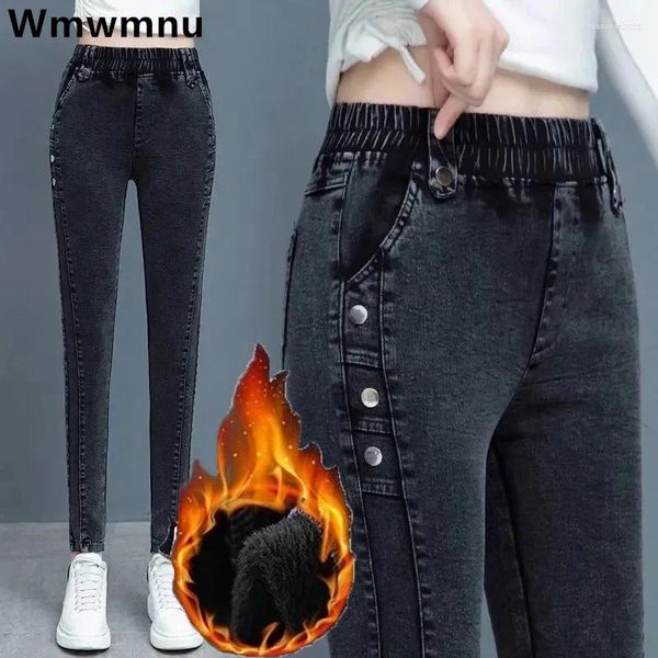 Jeans femininos inverno engrossar lápis mulheres magro pelúcia veludo forrado denim calça alta wasit tamanho grande 34 quente vaqueros estiramento kot pantolon