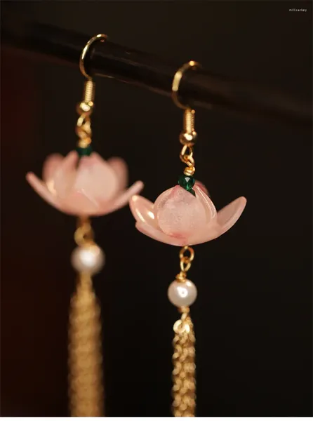 Brincos pendurados 1 par, elegante, longo, borla, ganchos de orelha de lótus, joias hanfu, retrô chinês, joias cheongsam, presente para mulheres e meninas