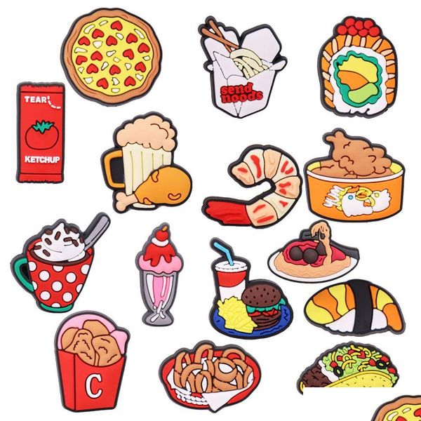 Ayakkabı Parçaları Aksesuarlar Moq 20pcs Pvc Karikatür Gıda Pizza Erişte Tavuk Bira Karidesleri Bantlar için Dekoraiton Toka DRO DH51O