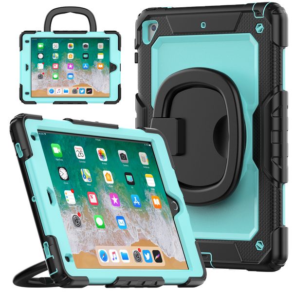 Para iPad Air2 9.7 polegadas Pro 9.7 Capa dobrável com alça 360 Rotativa Kickstand Capa Heavy Duty Hybrid Silcione à prova de choque para crianças Capas seguras + alça de ombro + tela PET Film