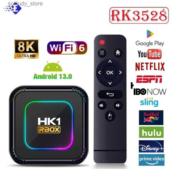 Conjunto caixa superior de tv android hk1 rbox k8 13 rgb luz 4gb 128gb rk3528 wifi6 duplo youtube netflix 8k media player receptor q240402