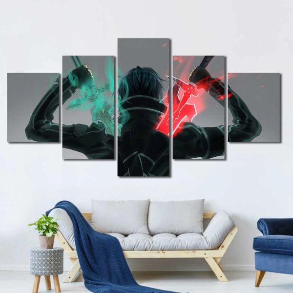 5 Panel Krieger Leinwand Malerei Wandkunst grünblaues Schwert Anime -Poster und Drucke für Kinderroom Wohnzimmer Dekoration Cuadros