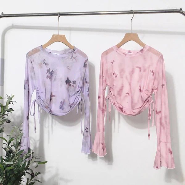 Mulheres camisetas Tie Dye Impresso Malha Lantejoula Base Camisa Mulheres Verão Casual Manga Longa Fina T-shirt Cordão Curto Temperamento Slim