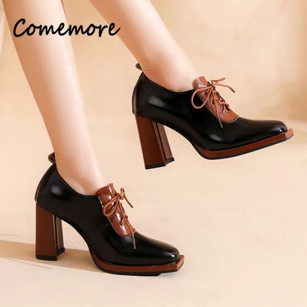 Pumps Comemore Retro 2023 Spring Trend Dress Party Square Zehen Women Casual Schuhe Frauen High Heels Schuh Mode Oxford Chunky Pumps 34