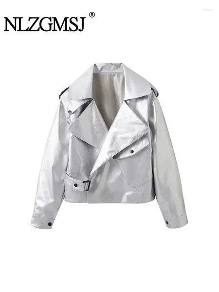 Женские куртки nlzgmsj 2024 Серебряные негабаритные кожаные женщины свободные осенние зимние пальто