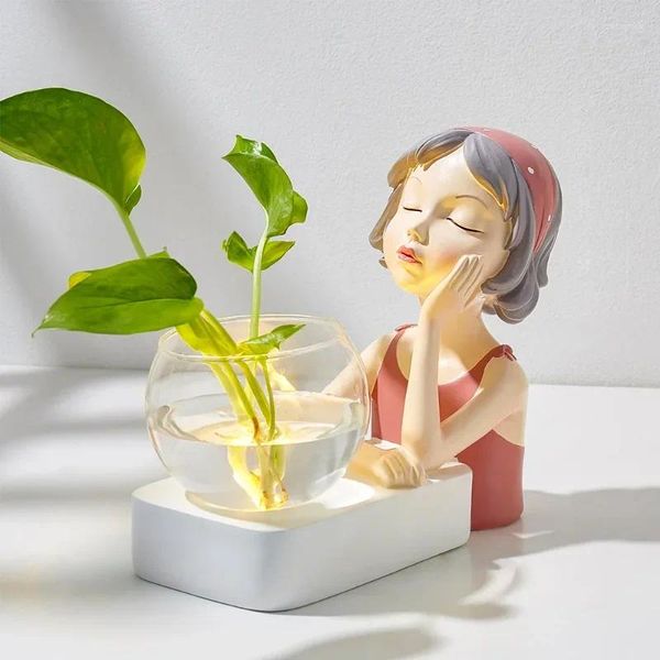Vasi Nordic Girl Resin Sculpture Vaso idroponico vetro con luci casa soggiorno Desktop decorazione di pianta regalo festivo
