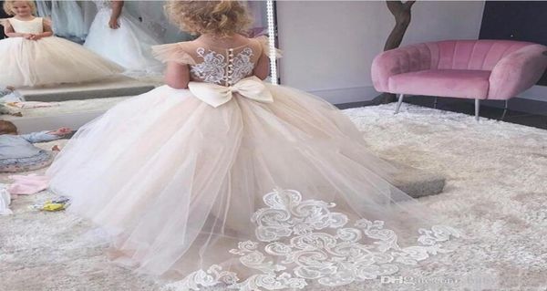 Nuovi abiti da ragazza di fiori per matrimoni Appliques a collo gioiello ragazze abiti da concorso coprite coperto di abbigliamento per bambini lungo abito da festa Wi6928195