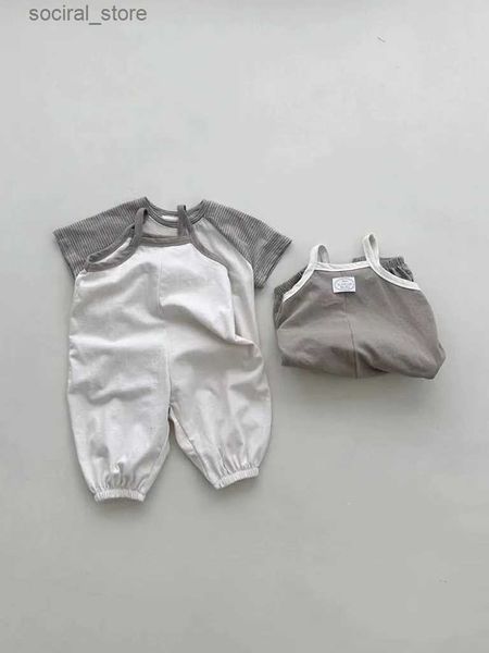 ROMPERS 2024 SOMMER SOMMER NEUER BABY ärmellose Strampler Boy Girl Neugeborene Solid Sling Jumpsuit Kind Kleinkind Baumwolle Atmungsfreie Overalls 0-24m L240402