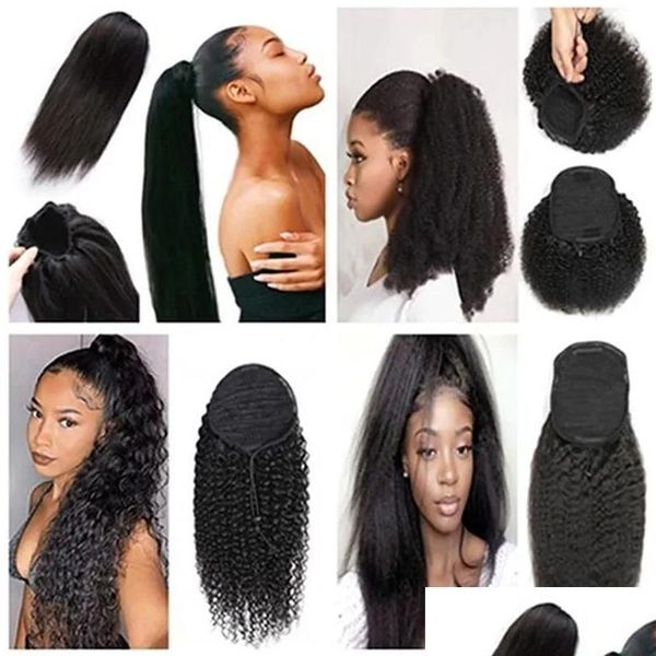 Rabinhos de cavalo dstring Human Hair Ponytail 10A Natural Black Afro Afro Extensão Curly para Mulheres 100% Virgin Brasilian Clip em Drop Delie Otwgn