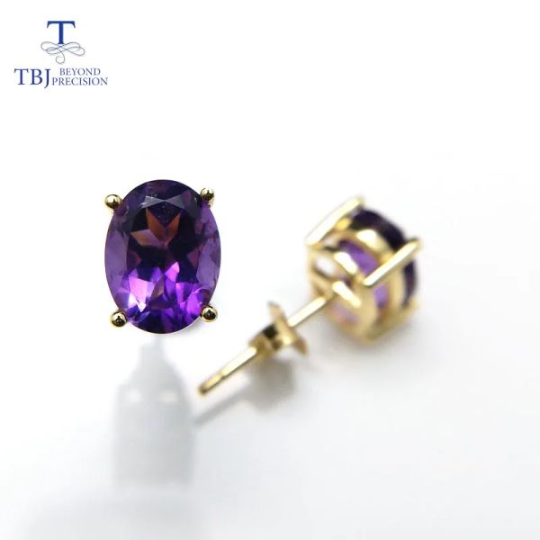 Серьги TBJ Natural Good Luster African Amethyst Oval 6*8 мм 3CT Gemstone Простая серьга 925 желтого золота для девочек с коробкой