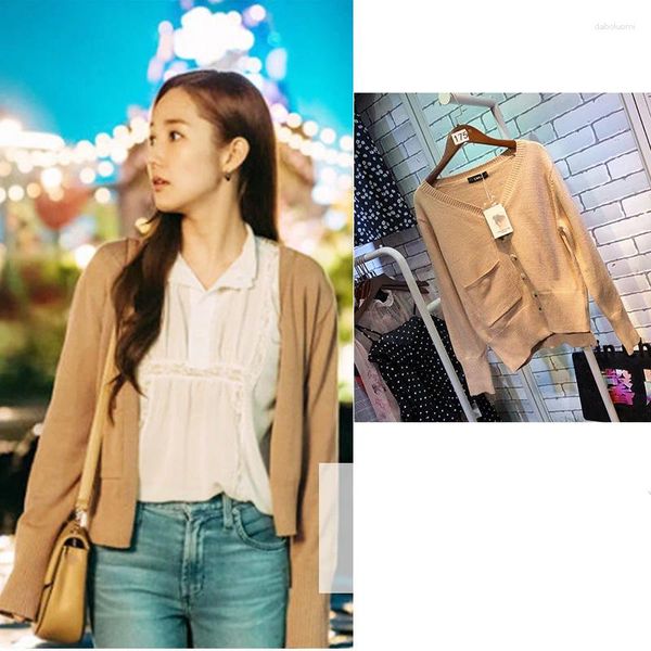 Malhas femininas kpop coreano celebridade bolso outerwear cardigan jaqueta feminina solta moda estudante primavera outono curto com decote em v suéteres