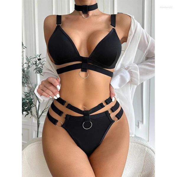 Conjuntos de sutiãs sexy oco out bikini set três pontos acessórios de metal roupa interior bodysuit lingerie para mulheres