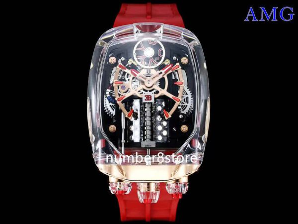 Bugatti Chiron W16 Crystal Red Mens Watch Rose Gold Automatic Tourbillon Style Luxury Watches Tonneau Дизайнерские наручные часы гиперкарные наручные часы 18 цветов