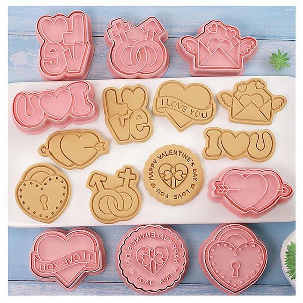 Stampi da forno 8 pezzi Set di taglierine per biscotti Happy Valentine's Day Cartoon AMORE Cuore Busta Biscotto Fondente Embosser Timbro Stampo Torta fai da te