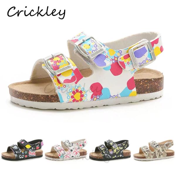 Stivali sandali per bambini estivi cartoon pu stampando in pelle tacchi piatti ragazzi sandali in sughero per ragazze per bambini