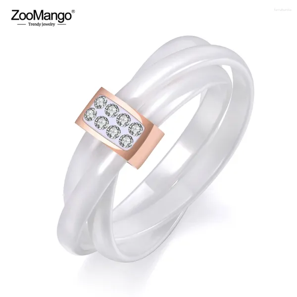 Anéis de casamento Zoomango 3 camadas preto/branco cerâmica cristal jóias rosa cor de ouro anel de strass de aço inoxidável ZR19066