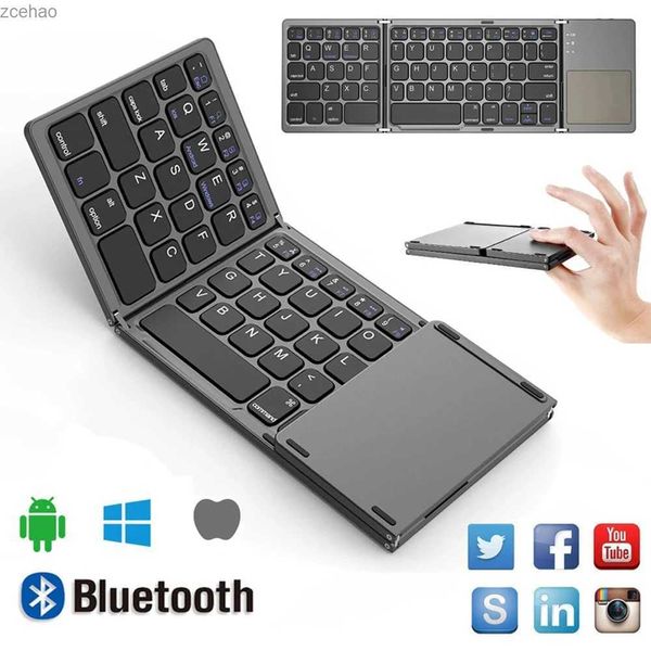 Klavyeler Mini Katlanır Klavye Bluetooth Kablosuz Taşınabilir Evrensel Katlama Klavye Windows Android iOS tabletleri için uygun dokunmatik yüzeyli iPadl2404