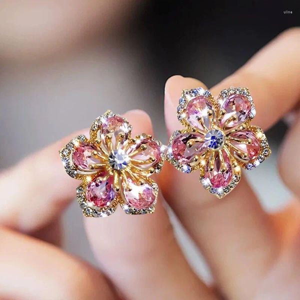 Stift Ohrringe koreanische leichte Luxuskristallblume für Frauen rosa süße Kirschblüten Zirkon Girls Party Schmuck Bijoux Geschenke