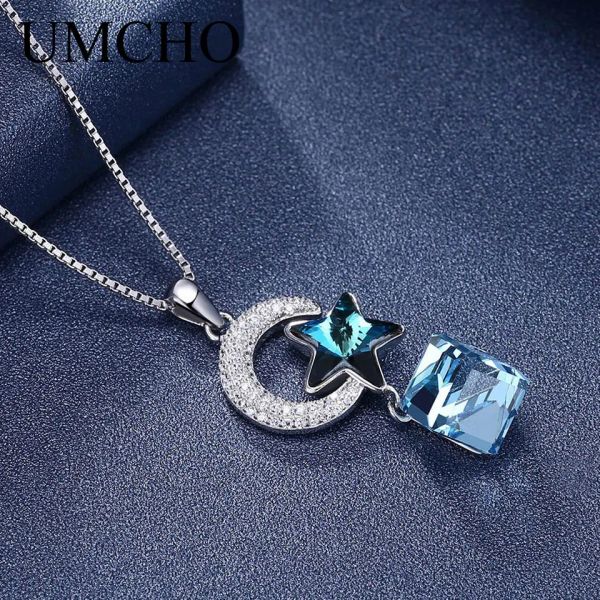 Ожерелья Umcho Star Real 925 серебряное серебро создано синие хрустальные ожерелья для драгоценных камней.