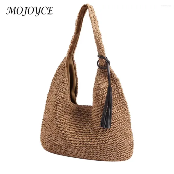 Draw String Women handgewebte Handtasche mit Quasten Crochet Beach große Kapazität Weben Sie Reiseblieben Damen Sommertäglicher Tasche