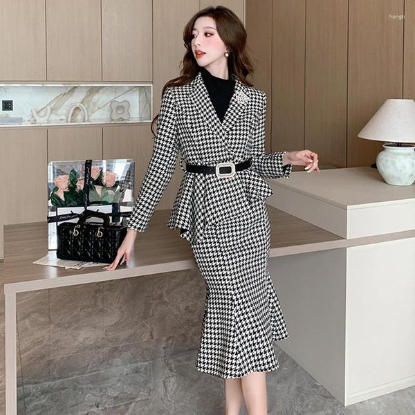 İş Elbiseleri Talşı Tweed Ceket Etek Takım Kadınlar Lüks Siyah Beyaz Ekose Blazer Midi Fishtail Zarif Sonbahar Kış 2 Set