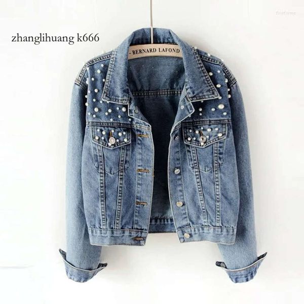 Damenjacken Perle 2024 Perlen Kurzes Denim Frauen Wäsche Langarm Vintage Casual Jean Jacket Coat Jeans 5xl s