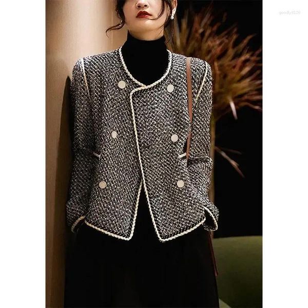 Giacche da donna Giacca in tweed autunno e inverno Temperamento alla moda Girocollo Blazer doppiopetto Cappotto capispalla Top corto femminile