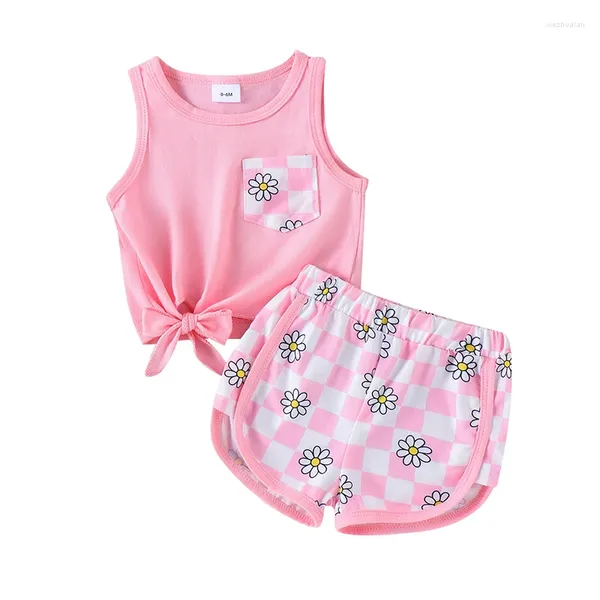 Set di abbigliamento Summer Baby Girl Abiti a maniche canotte senza maniche e pantaloncini a quadri margherite 2 pezzi