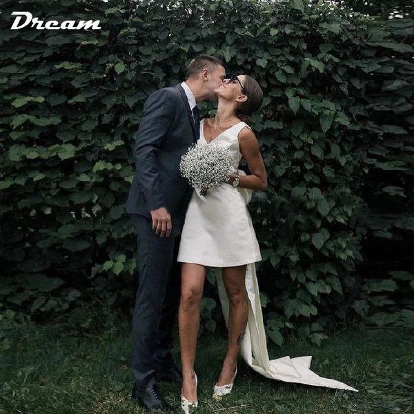DREAM Короткое мини-атласное свадебное платье с v-образным вырезом, большим бантом и открытой спиной, без рукавов длиной выше колена, свадебное платье 240401