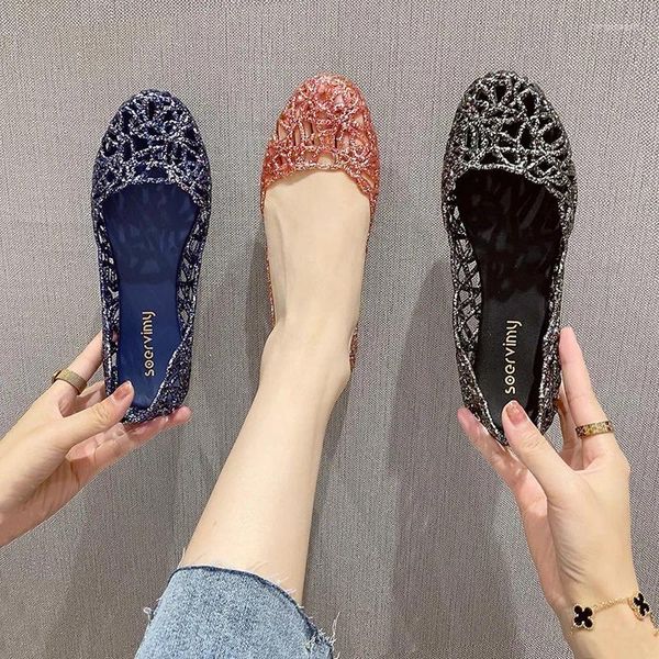 Scarpe casual 2024 Summer Ladies Shiny Crystal Crystal Hollofmeable Dance traspirante gelatina Flat Sole Sole Beach