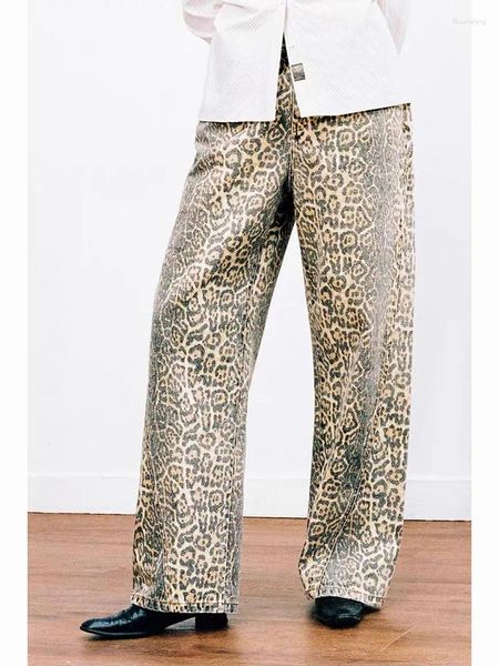 Jeans femininos wcfcx estúdio leopardo lavagem mulheres y2k retro rua menina solta estilo coreano casual cintura alta reta