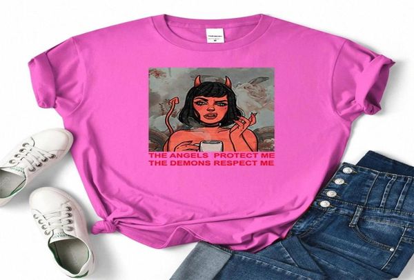 Melekler Beni Koruyun Şeytanlar Metshirtlere Saygı Kadın Moda Gevşek Üstler Karikatür Yaz Tshirt Sıradan Ter Kadınlar Tshirt qz2498602