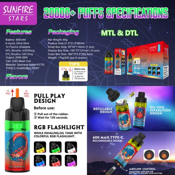 Orijinal Sunfire Stars 20000 Puffs Tek Kullanımlık Vape Elektronik Sigara Yeniden doldurulmuş açık RGB Buhar E Cigs Puf Bar Wape VAPER 15K Hızlı Teslimat İspanya'da Önceden Doldurulmuş Tank