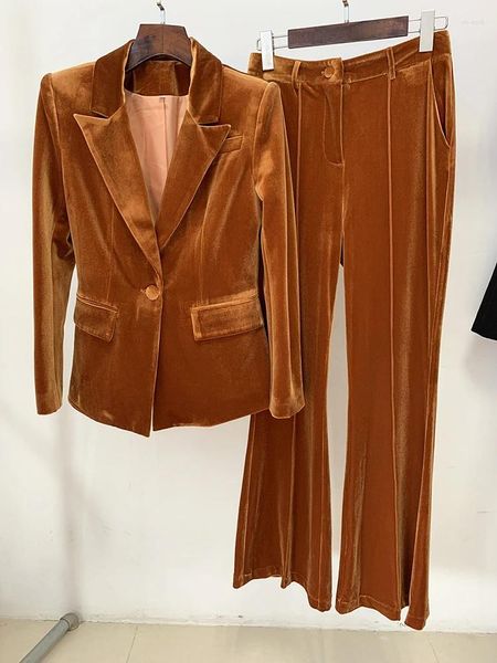 Kadınlar İki Parçalı Pantolon Yüksek Kaliteli EST 2024 F/W Tasarımcı Takım Seti Tek Düğme Kadife Blazer Parlama 2 PCS