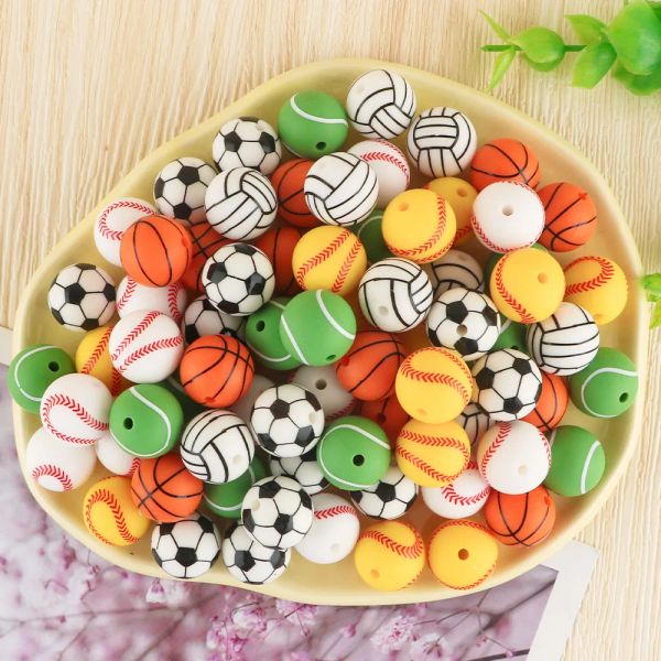 Kovict 10pcs/lot 15mm baskılı futbol beyzbol tenis basketbol şekli silikon boncuklar diy mücevher aksesuarları kolye bilezikleri