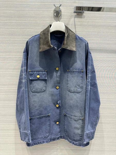 Frauenjacken Freund Style Coat Lose lässige faule, große Tasche Langarm gemahlener weißer Distressed Denim Jacke mittelgroße Länge