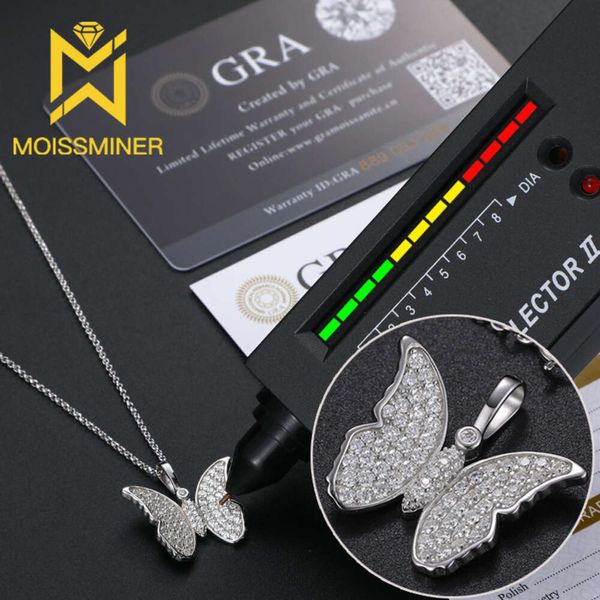 Colares de moissanita de borboleta pingente de serra para homens Hip Hop Hop Jewelry Pass Diamonds Tester com GRA Frete grátis